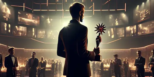 A glamorous film award ceremony featuring a director holding an award amidst suggestive film projections and a vibrant atmosphere.