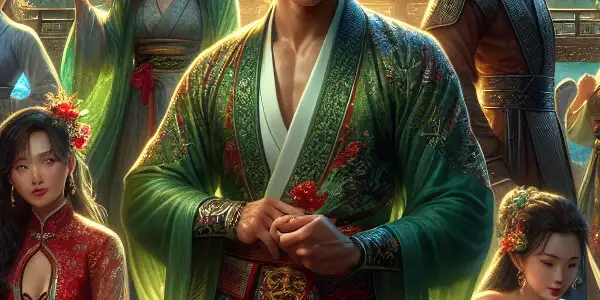 A handsome martial artist surrounded by enchanting women in a mystical forest, blending beauty and desire.