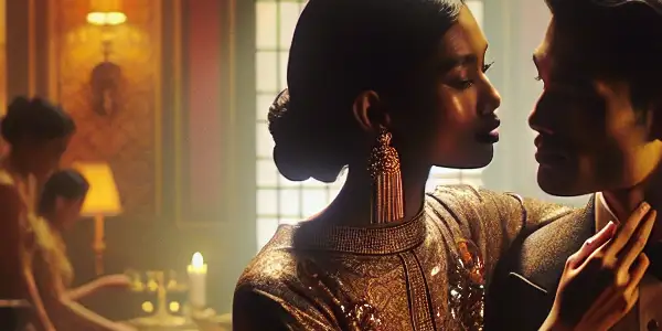 A romantic couple shares an intimate moment in a luxurious, softly lit room with elegant decor.