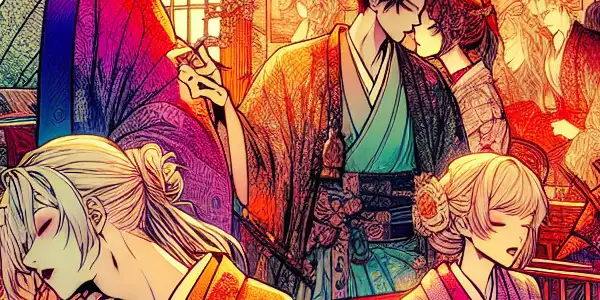 A vibrant manga-style scene depicting diverse characters in an intimate, romantic setting with Japanese motifs.