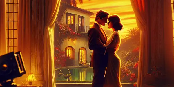 An intimate, dimly-lit room with two figures engaged in a passionate interaction, partially revealing a romantic garden outside.