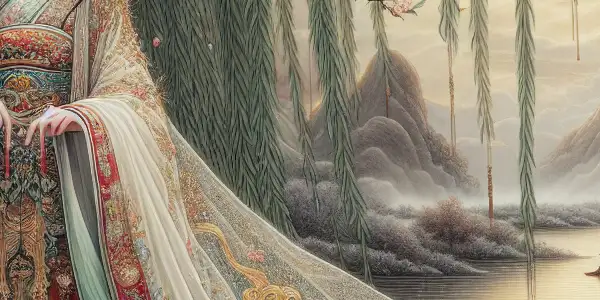 A beautiful woman in traditional Chinese attire stands by a river, surrounded by cherry blossoms and a serene landscape.