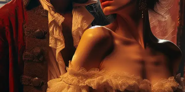 A passionate couple embraces in a dimly lit, intimate European-inspired room, conveying desire and vulnerability.