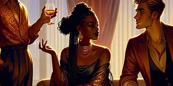 Three diverse individuals in a luxurious, dimly-lit room engage in a playful, intimate interaction, expressing allure, curiosity, and passion.