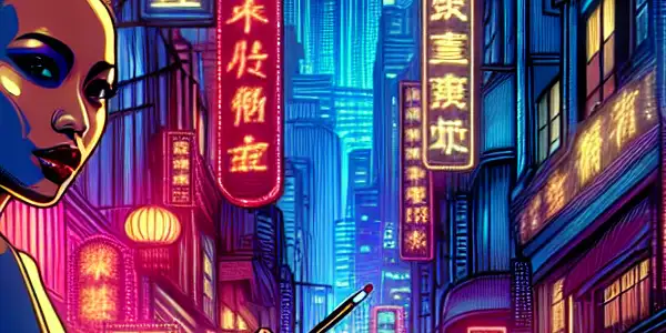 A passionate couple shares an intimate moment in a vibrant, neon-lit urban nightlife setting.