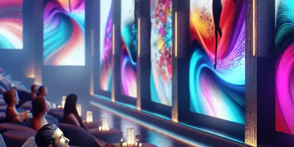 A vibrant digital lounge with diverse viewers enjoying abstract visuals inspired by romance and passion.