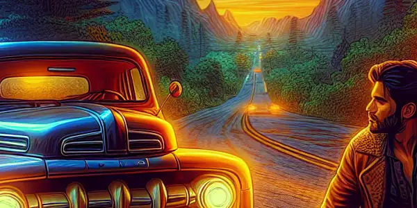 A vintage truck on a twilight road, featuring a flirtatious interaction between a woman and a man.