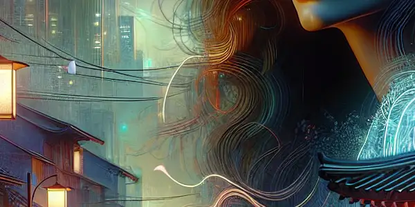 A captivating woman named Natalie stands in a dimly lit urban alley, surrounded by neon lights and cherry blossom petals.