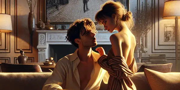 A playful couple in a stylish living room, embodying intimacy and flirtation amidst subtle erotic themes.