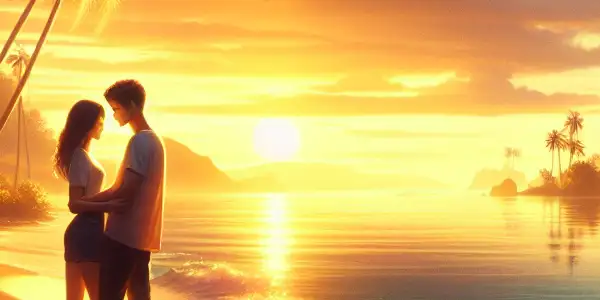 A romantic couple on a sunlit beach, surrounded by tropical foliage, exuding intimacy and passion.