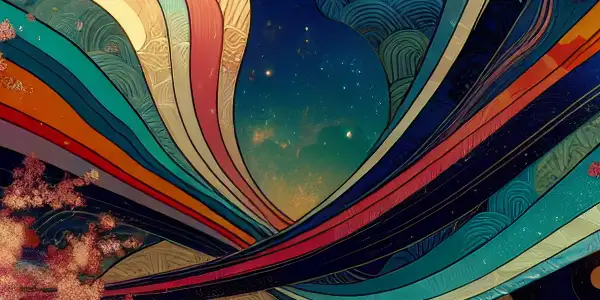 A vibrant, surreal landscape featuring suggestive silhouettes and fantasy elements inspired by classic Japanese adult entertainment.