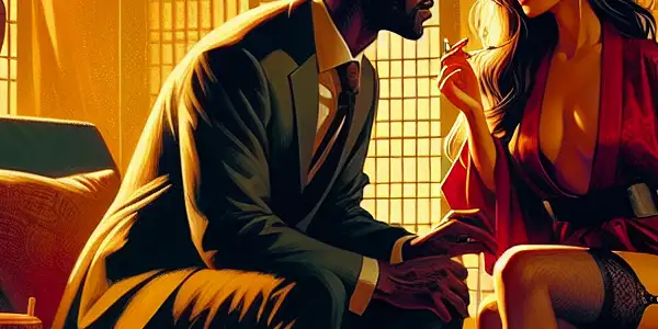 A modern Japanese living room with a man and woman in intimate conversation, surrounded by cultural elements and warm lighting.