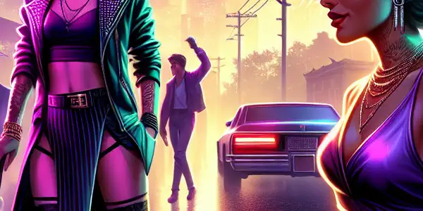 A vibrant urban nightlife scene featuring two customized characters in an engaging, provocative interaction amidst neon-lit surroundings.