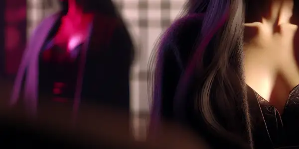 A dramatic scene featuring a woman casting a jealous sidelong glance in a moody, softly lit room.