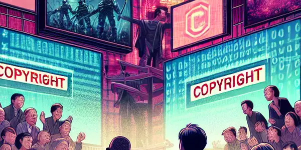 A diverse group debates copyright issues in a digital landscape filled with adult film clips and piracy symbols.