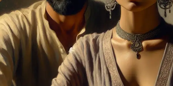 A tense, intimate scene featuring a conflicted woman and a contemplative man, symbolizing emotional restraint and longing.