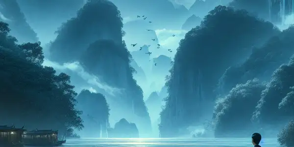 A solitary figure gazes at the moonlit Yangtze River, surrounded by lush trees and misty mountains, reflecting on life.
