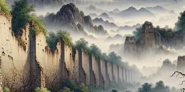 A war-torn cityscape in spring, featuring a broken wall overgrown with flowers, misty mountains, and a somber yet hopeful sky.