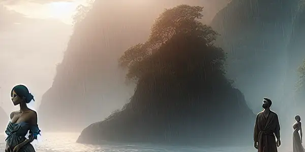 A romantic coastal scene with intimate figures under gentle rain, framed by lush greenery and moody clouds.