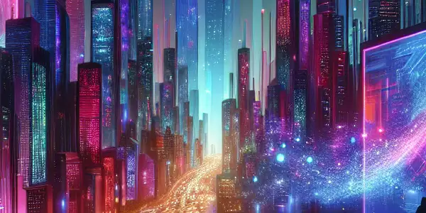 A vibrant neon-lit city skyline at night, surrounded by holographic billboards and silhouettes exploring a digital landscape.