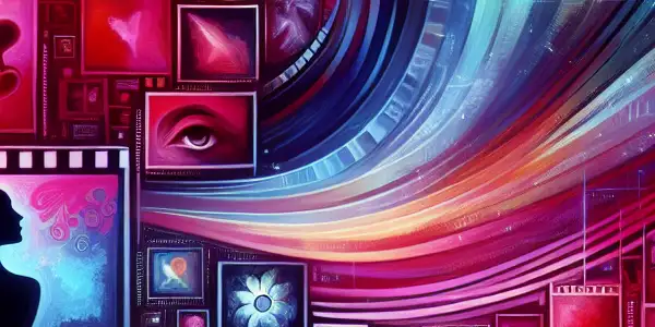 A vibrant digital interface showcasing artistic interpretations of Japanese adult films within an abstract, sensual community.