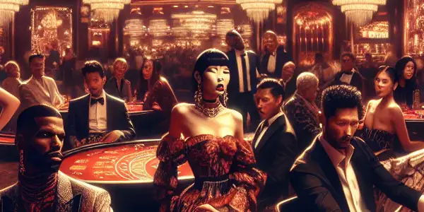 A vibrant casino scene in Macau with stylish individuals, sparkling chandeliers, and a seductive atmosphere.