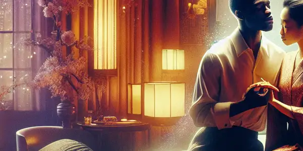 A couple shares an intimate moment in a luxurious, dimly lit Japanese hotel suite, surrounded by elegant decor.