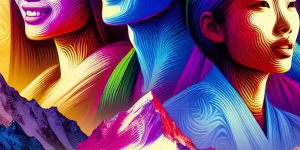 A vibrant scene of five colorful mountains with joyful individuals exploring themes of passion and desire.