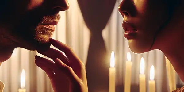 A couple shares an intimate moment in a softly lit, sensual room filled with warmth and longing.