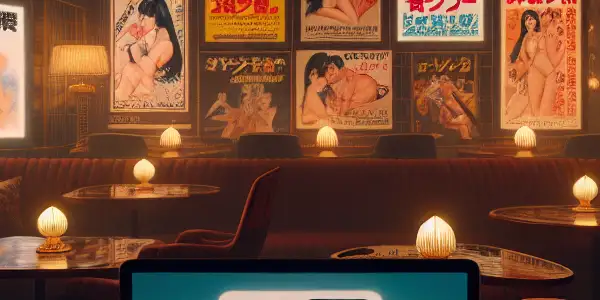 A vibrant room showcasing vintage Japanese adult film posters, with cozy seating and a classic movie playing.