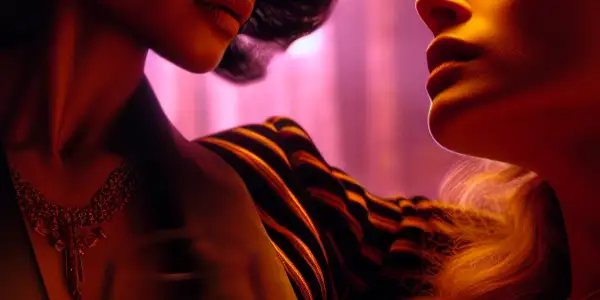 A dimly lit room captures two actors in a moment of passion and vulnerability, emphasizing emotional connection and desire.