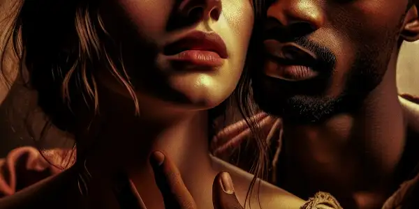 Two actors share an intimate moment, conveying passion and vulnerability in a dimly lit room.